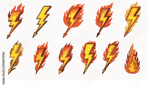 Cartoon lightning bolts with flames doodle vector pack