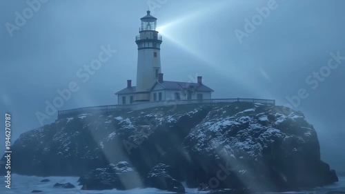 Lighthouse Beacon Shining Through a Dark and Foggy Night.
