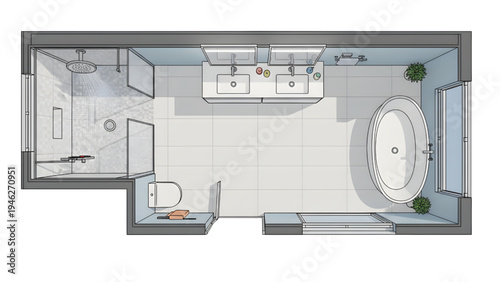 Modern Luxury Bathroom Interior Plan, Architectural Drawing, White Background