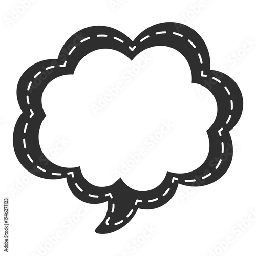 White flower-shaped speech bubble with stitched edges, cartoon style, conversation, communication, chat, message, dialogue, graphic, icon, social media, design, text, talking.
