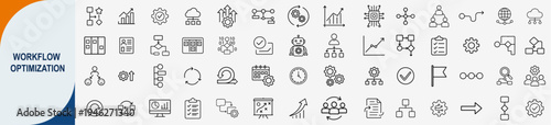 Workflow optimization and business process automation icons set, outline symbols for efficiency management strategic planning and corporate productivity vector illustration
