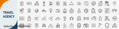 Travel agency and vacation planning icons set, outline symbols for global tourism transportation hotel booking and holiday adventure vector illustration