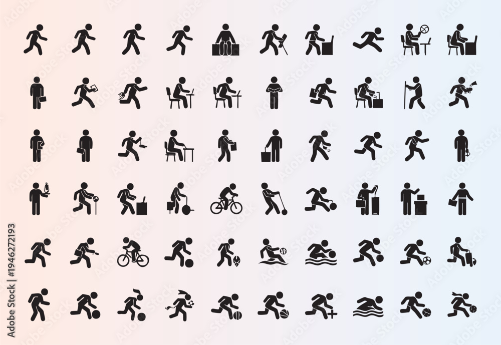 Fototapeta premium Collection of flat human activity and sports icons in monochrome style