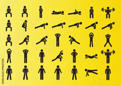 Collection of exercise and workout icons in various poses and activities