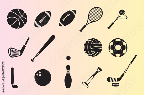 Collection of various sports equipment and balls isolated illustration