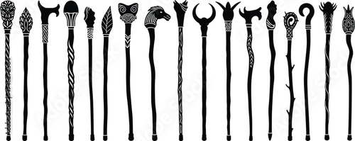 Magic Staff Silhouette Vector Set, Fantasy Warlock Scepter Icons for Gaming Design, Mystical Walking Stick Elements, Ancient Wizard Wand Graphics, Black Isolated Illustrations.