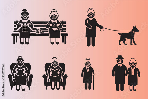 Elderly people activities and lifestyles flat icon set for seniors