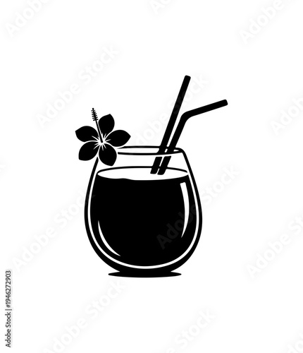 Silhouette of a tropical cocktail with flower garnish and straws