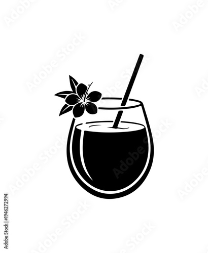 Silhouette of a cocktail glass with a straw and flower garnish
