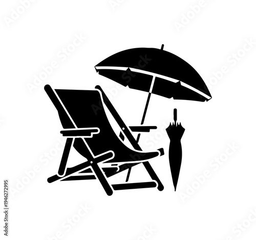 Beach chair umbrella and closed umbrella silhouette