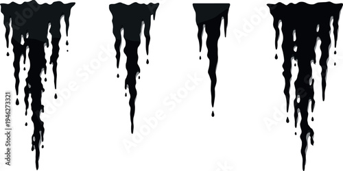 Black Liquid Dripping Set Featuring Ink Splatter Paint Drips Melting Oil and Slime Silhouette Vector Illustrations Isolated on White Background for Grunge Design