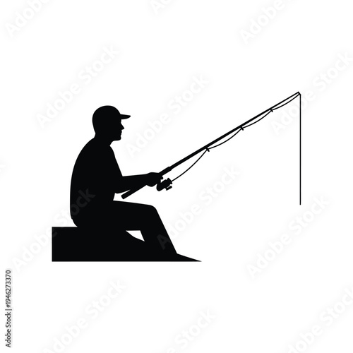 Silhouette of a man fishing on a white background fisherman