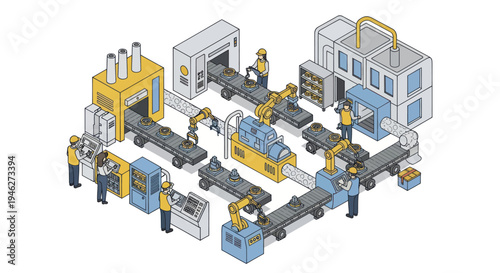 Automated Factory Production Line with Robots and Workers.