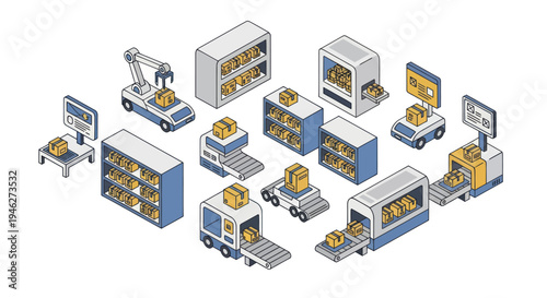 Automated warehouse logistics system with robots and shelves for efficient storage and delivery.
