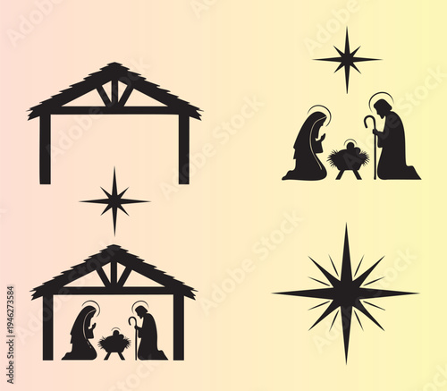 Nativity scene and stable silhouettes with stars isolated illustration