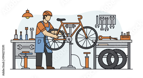 Bicycle mechanic working on a bike in a workshop.