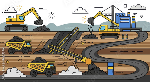 Coal mining operation with excavators and dump trucks.