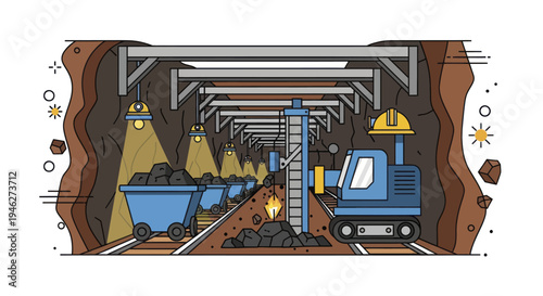 Coal Mining Operation with Machinery and Carts.