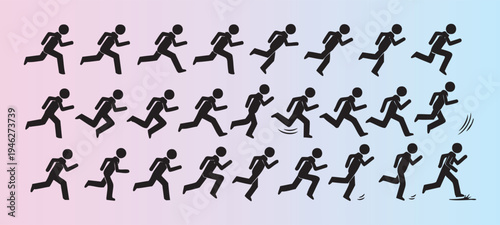 Sequential running animation of a stickman in various poses