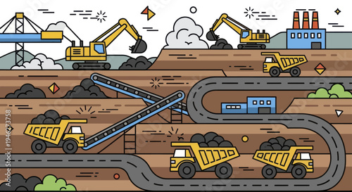 Coal Mining Operations with Excavators and Trucks.