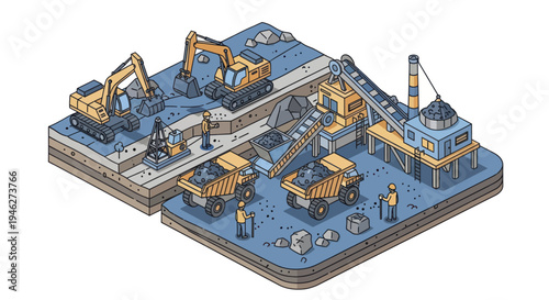 Construction site with excavators and dump trucks working together.