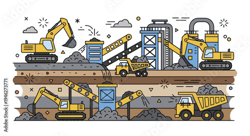 Construction Site with Excavators and Trucks Working.