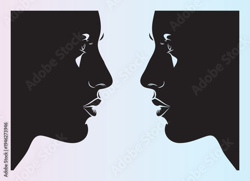 Silhouette of two faces in profile looking at each other with elegance