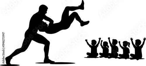 Wrestling Coach Throwing Opponent Silhouette with Group of Children Watching Training Session for Martial Arts School and Sports Education Graphic Design Illustration