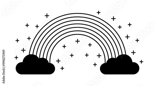 Minimalist black-and-white line-art rainbow arch between two clouds with plus signs, a cheerful and optimistic design element.