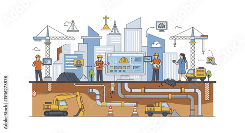 Construction Workers and Heavy Machinery Building a Modern City Infrastructure.