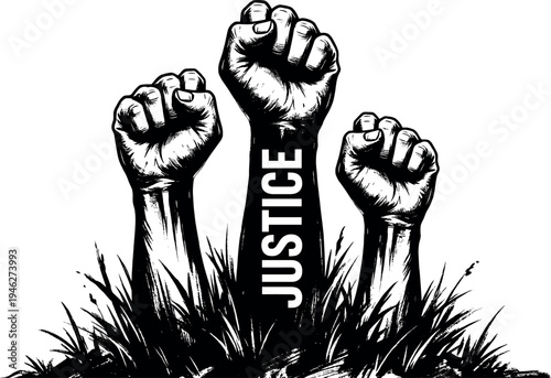 Justice Raised Fist Silhouette Illustration with Three Hands Emerging from Grass for Human Rights Protest Revolution and Social Equality Advocacy Graphic Design