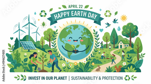 Earth Day Illustration with Globe and Greenery.