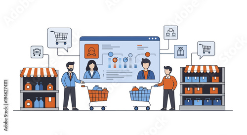 Customer profiles and online shopping experience illustration.