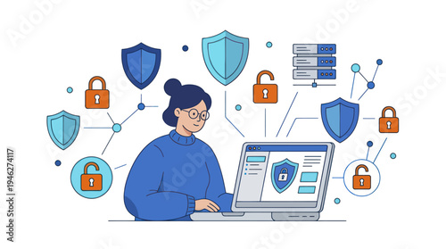 Cybersecurity professional working on laptop with digital security icons.