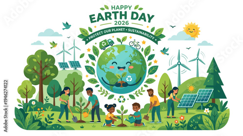Earth Day Illustration with People and Renewable Energy.