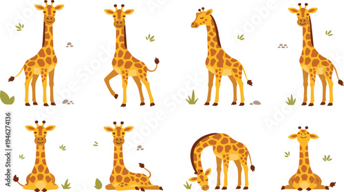 Cute Giraffe Character Collection with Different Standing, Walking and Sitting Poses in African Safari Cartoon Style for Kids Nursery and Wildlife Designs.