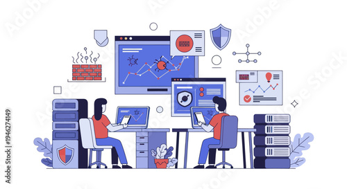 Cybersecurity professionals analyzing data on computer screens.