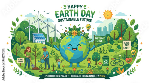 Earth Day Illustration with Sustainable Elements.