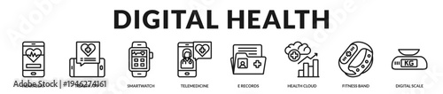Professional banner presenting modern digital healthcare technology and connected wellness monitoring tools in Lineal Icon Style