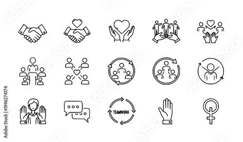 Friendship and love line icons set with trust handshake teamwork support and social responsibility vector outline collection