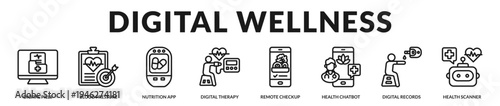 Digital wellness banner highlighting preventive healthcare technologies and smart patient assistance systems in Lineal Icon Style