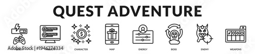 Quest adventure banner illustrating narrative driven gameplay journeys with exploration challenges and mission objectives in Lineal Icon Style