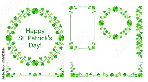 Happy St. Patrick's Day design featuring a shamrock circular badge with a green floral border and digits formed from clovers, perfect for festive cards and Irish celebration visuals