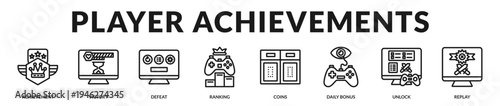 Player achievements banner highlighting recognition systems and reward milestones celebrating gaming accomplishments in Lineal Icon Style