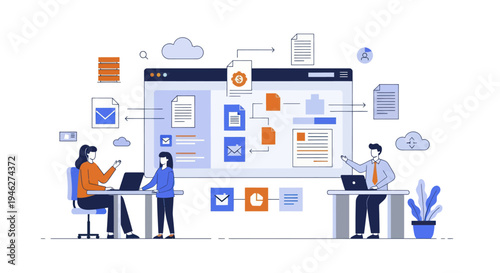 Digital workflow management and data processing illustration.