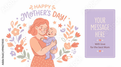 Mother holding baby with floral background.