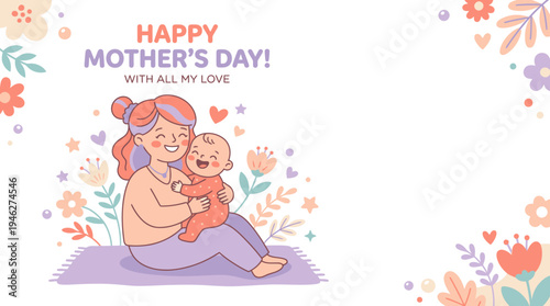 Mother Hugging Child with Love and Flowers.