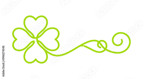 Elegant lime green line art shamrock with a decorative trailing flourish, single-color vector illustration for St Patrick's Day, Celtic design, luck symbol