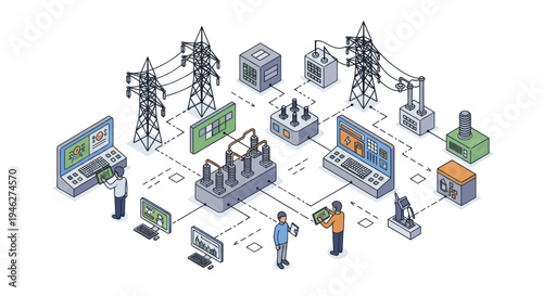 Electrical Power Grid System Diagram with Control Center and Infrastructure.