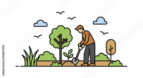 Gardener planting a small tree with a shovel in the garden.